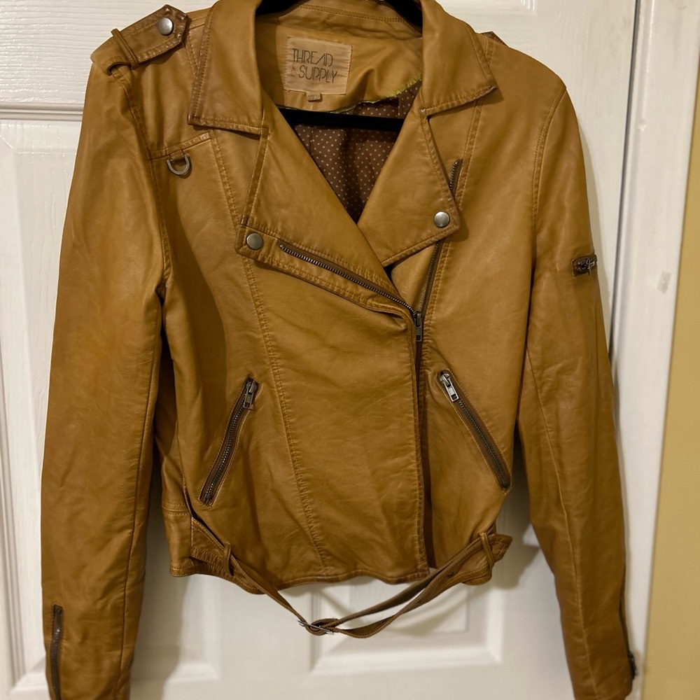 Thread & Supply Tan Vegan Leather Jacket with Structured Shoulders